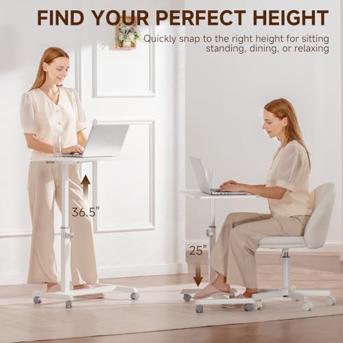 GTPLAYER Small Standing Desk, 24 Inches Mobile Foldable Rolling Laptop PC Table with Lockable Casters, Adjustable Height Overbed Bedside Table Computer Workstation for Home Office, White GTPLAYER