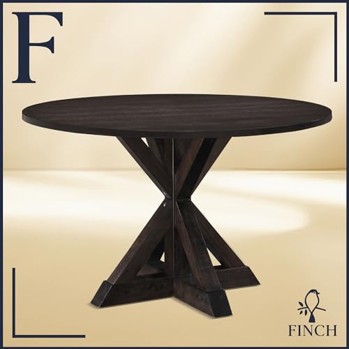 Finch Alfred Round Solid Wood Rustic Dining Table for Farmhouse Kitchen Room Decor, Wooden Trestle Pedestal Base, 46.5" Wide Circular Tabletop, Distressed Dark Brown Finch