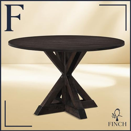 Finch Alfred Round Solid Wood Rustic Dining Table for Farmhouse Kitchen Room Decor, Wooden Trestle Pedestal Base, 46.5" Wide Circular Tabletop, Distressed Dark Brown Finch