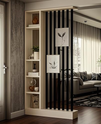 Wall Room Divider, Storage Cabinet Storage Display with Shelves, Modern Freestanding Wood Room Divider Screen, Wall Privacy Screens for Home Decorative (Beige+Black,39.5" L x 9.5" W x 79.5" H) Kavie