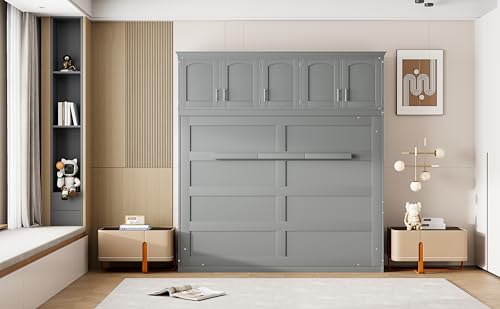 Merax Modern Murphy Cabinet Bed with Top Cabinets, Solid Wood Wall Platform Bed/No Box Spring Needed/Easy Assemble Full,Gray Merax