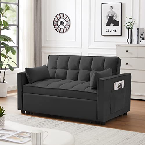 QKFF Convertible Sleeper Sofa Bed, 3 in 1 Modern Velvet Loveseat Futon Sofa Couch with Pullout Bed Reclining Backrest Toss Pillows Pockets for Living Room(Black) QKFF