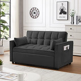 QKFF Convertible Sleeper Sofa Bed, 3 in 1 Modern Velvet Loveseat Futon Sofa Couch with Pullout Bed Reclining Backrest Toss Pillows Pockets for Living Room(Black) QKFF