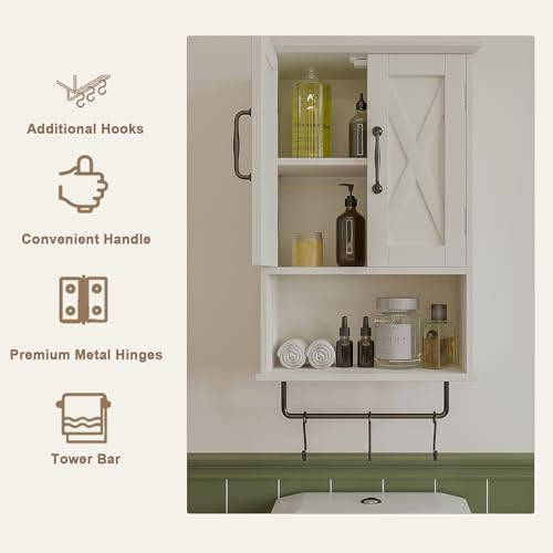 ChooChoo Farmhouse Medicine Cabinet, Bathroom Wall Cabinet with Adjustable Shelf, Towel Bar, 3 Hooks, Over The Toilet Storage Cabinet for Bathroom, Kitchen, White ChooChoo