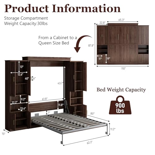 BEQAI Queen Murphy Bed with Storage Cabinets & 6 Adjustable Shelves, Foldable Space-Saving Queen Wood Wall Bedframe with USB Charging Port, Hidden Bedframe for Guest Room, Study, Home, Bedroom, Walnut BEQAI