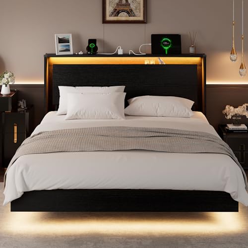 Einhomn Bed Frame Queen Size with LED Lights & Charging Station – Kids Wood Floating Queen Bed Frame with Storage Headboard, Adhesive Slats, Kick-Free & Noise-Free Design, Easy Assembly, Black Einhomn