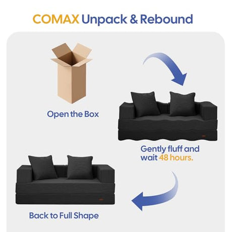 COMAX Futon Sofa Bed, 4‑in‑1 Convertible Sofa Bed, Folding Boneless Couches for Living Room, Fold Out Small Foldable Loveseat Floor Sleeper Comfy Mattress Lounge Space‑Saving, Black COMAX
