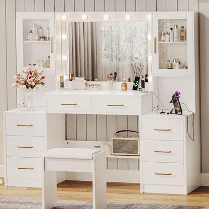 58.3" Large Vanity Desk with Mirror & Lights, Makeup Vanity with 10 LED Lights, 8 Metal Sliding Drawers & 2 Cabinets, White Vanity Set with Stool & Power Outlet 3 Lighting Modes Adjustable Brightness