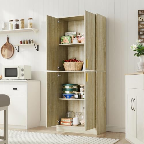 Cozy Castle Kitchen Pantry Cabinet, 71" Tall Wood Storage Cabinet with Doors and Shelves 4 Doors Freestanding Cupboard for Dining Room Living Room Bathroom Furniture, Whitewashed Oak Cozy Castle