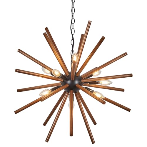 SHENGQINGTOP 9-Light Sputnik Chandeliers 26" Black Farmhouse Wood Pendant Lighting Industrial Globe Ceiling Hanging Light Fixture for Kitchen Dinging Room Living Room Bedroom Entryway Foyer SHENGQINGTOP