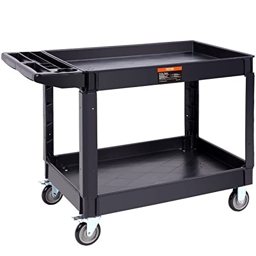 VEVOR Utility Service Cart, 2 Shelf 550LBS Heavy Duty Plastic Rolling Utility Cart with 360° Swivel Wheels (2 with Brakes), Large Lipped Shelf, - WoodArtSupply