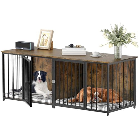 DWVO Double Dog Kennel Furniture, 80.2" Dog Cage Furniture with Divider, Double Dog Crate TV Stand for 2 Medium Dogs, Brown DWVO