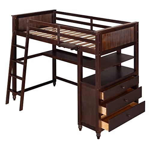 Twin Size Loft Bed with Desk and Drawers, Solid Wood Loft Bed with Storage Shelves for Kids Teens Adults - Espresso Bellemave