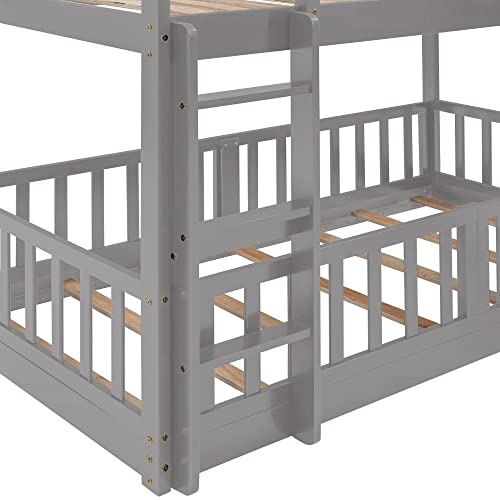 Bellemave Twin Over Twin Floor Bunk Bed with Slide and Ladder, Low Bunk Bed for Kids, Girls, Boys, Removable Fence, Gray Bellemave