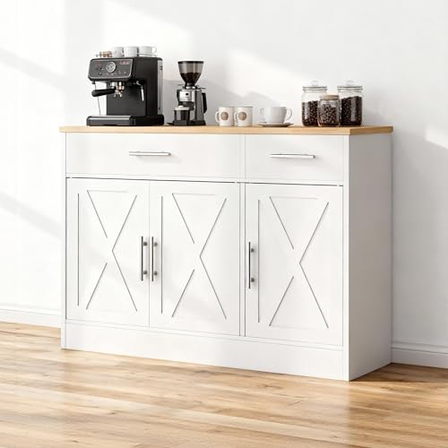SUNLEI Sideboard Buffet with Storage, Farmhouse Kitchen Cabinet with 3 Doors and 2 Drawers, Coffee Bar Cabinet with Storage for Living Room, White SUNLEI