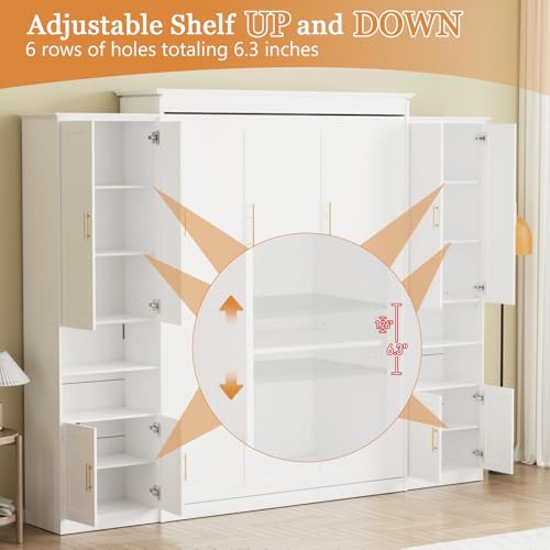 BEQAI Queen Murphy Bed with Storage Cabinets & 6 Adjustable Shelves, Foldable Space-Saving Queen Wood Wall Bedframe with USB Charging Port, Hidden Bedframe for Guest Room, Study, Home, Bedroom, White BEQAI