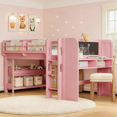 Bellemave Twin Loft Bed with Storage Boxes and Bookshelves, Solid Wood Kids Loft Bed with Desk and Blackboard, Low Loft Beds Frame for Kids, Girls, Boys, Childlike Design, Pink Bellemave