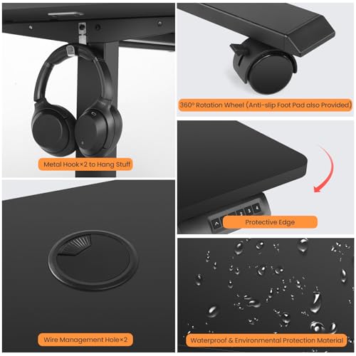 Legooin Electric Standing Desk, 55x24in Adjustable Height Computer Desk with Wheels, Sit-Stand Desk with Charging Station, 2 USB Ports, 3 Power Outlets, Spacious Workstation for Home Office(Black) Legooin