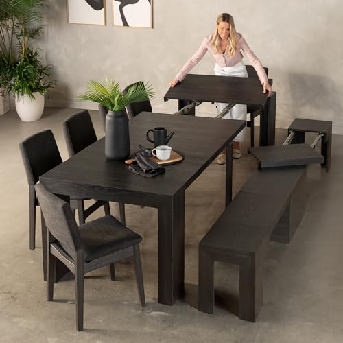 Transformer Table Dining Table Set for 4 to 12, Extendable Wood Dining Table 1 to 10 feet with Extendable Bench - Space Saving Furniture Wood (Black, Table Only) - WoodArtSupply