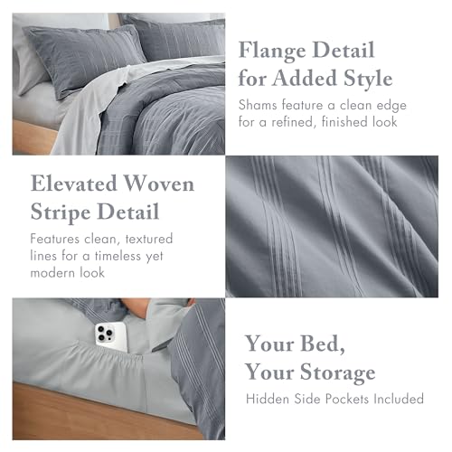 Madison Park Essentials Striped Comforter Set Queen, 7 Pieces Modern Minimalist Jacquard Bedding Set for All Season, Bed in A Bag with Sheet Set and Soft Brushed Reverse, Lightweight Blue/Grey Madison Park Essentials