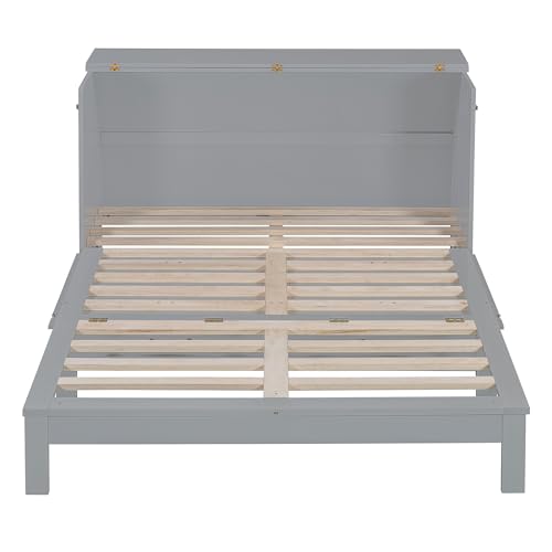 P PURLOVE Queen Murphy Bed with Large Drawers, Wood Cabinet Bed with USB Port, No Box Spring Needed, Easy Assembly (Gray) P PURLOVE