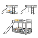 Bellemave Twin Over Twin Floor Bunk Bed with Slide and Ladder, Low Bunk Bed for Kids, Girls, Boys, Removable Fence, Gray Bellemave