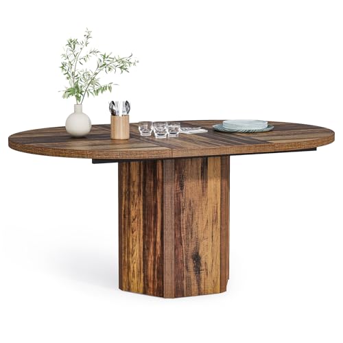 LITTLE TREE 55-Inch Rustic Oval Dining Table for 6, Wood Kitchen Table, Country Chic Furniture for Kitchen, Dining Room & Living Room Wooden Base, Brown Finish LITTLE TREE