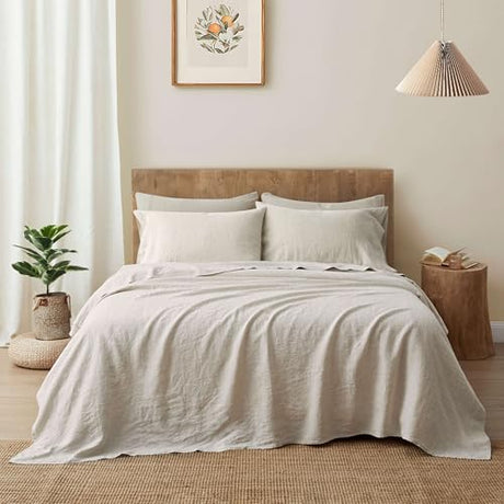 ATLINIA 100% Pure Flax Linen Bedding Set - Stone Washed French Linen Fabric Deep Pocket Fitted Sheet Farmhouse Flat Sheet 2 Pillowcases (Natural, King) ATLINIA