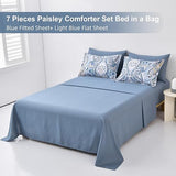 Drucon Blue Paisley Comforter Set Queen, 7 Pieces Bed in a Bag Boho Comforter Soft Microfiber Blue Paisley Bedding(1 Comforter, 1 Flat Sheet, 1 Fitted Sheet, 2 Pillow Shams, 2 Pillowcases) Drucon