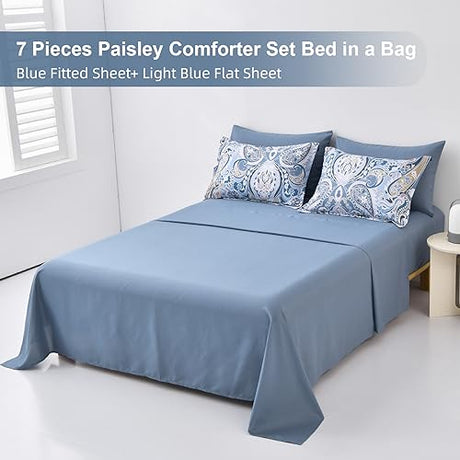 Drucon Blue Paisley Comforter Set Queen, 7 Pieces Bed in a Bag Boho Comforter Soft Microfiber Blue Paisley Bedding(1 Comforter, 1 Flat Sheet, 1 Fitted Sheet, 2 Pillow Shams, 2 Pillowcases) Drucon