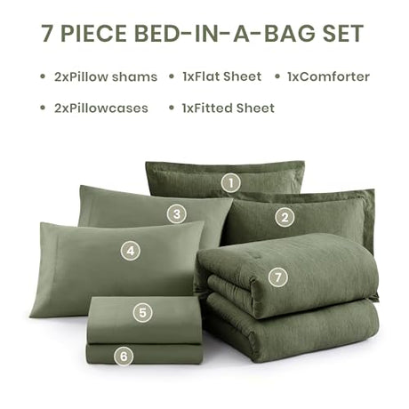 Monbix Full Size Comforter Set, Olive Green Bedding Comforter for Full Size Bed Set Reversible, Bedding Sets Full 7 Pieces, Cationic Dyeing Bed in a Bag with Comforter, Sheets, Pillowcases & Shams Monbix