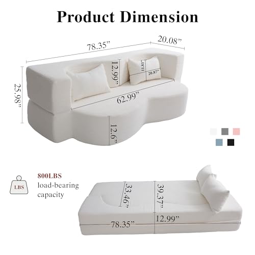 2-in-1 Folding Convertible Sofa Bed - 78 Inch Boneless Teddy Loveseat Sleeper, Foldable Floor Futon Couch with Pillow, Pull-Out Modular Matress for Small Spaces (Living Room/Bedroom/Dorm) (White) Hdxdkog