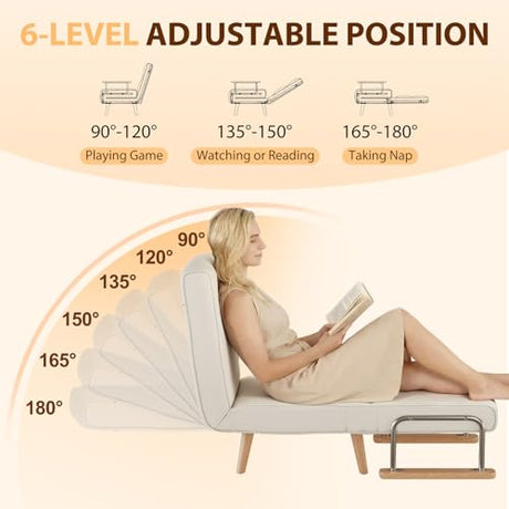3 in 1 convertible sleeper sofa bed - Portable Rollaway Guest Bed Space-Saving Foldable Design for Easy Storage Futon Chair with 6-Level Adjustable Backrest for Guest Room Apartment Dorm, Cream Beige TIMBERKNOWS