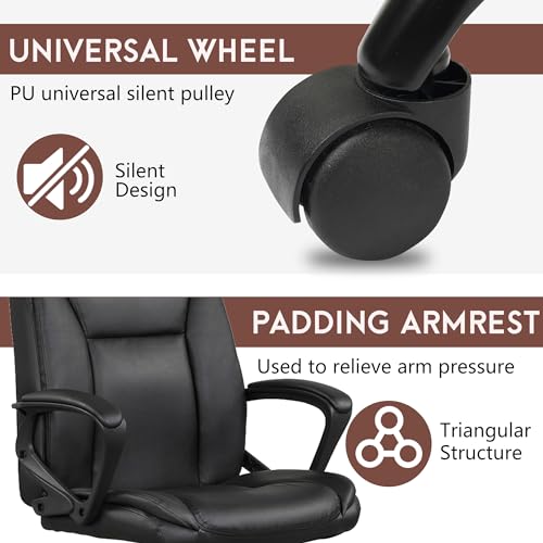 PayLessHere PU Leather Task Chair Home Office Chair Ergonomic Desk Chair with Lumbar Support and Armrests Adjustable Features with Mid Back Swivel Executive Computer Chair (Black) PayLessHere
