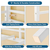 Twin Loft Bed with L-Shaped Desk, 7 Storage Drawers, Metal Loft Bed Twin Size with LED Lights and Charging Station, Storage Shelf and Pegboard, Safety Guardrail and Ladder, No Box Spring Needed, White mojiasion