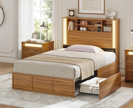 OTMCOOUCH Twin Bed Frames with 4 Storage Drawers and 3 Tier Storage Headboard, Black Wooden Bed Frame Twin Size with Charging Station and 3 Color- Lightbox, No Box Spring Needed,Wood OTMCOOUCH