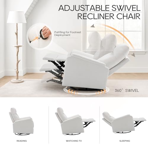 COLAMY Swivel Rocking Recliner Chair, Nursery Rocker Glider Recliner with Extra Large Footrest, Deep Seat, High Back, Upholstered Fabric Reclining Single Sofa for Living Room-White COLAMY