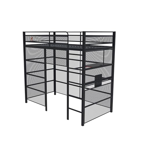 X Rocker Battle Den Twin Size Gaming Bunk Bed, Metal Frame with Grid Mesh Sides, High Sleeper, Fixed Ladder, Black X Rocker