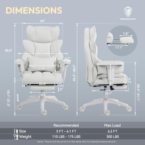 Dowinx Big and Tall Office Chair with Pocket Spring Cushion,High Back Computer Gaming Chairs with Adjustable Armrests and Lumbar Support,Executive Desk Chairs with Footrest(PU Leather,White) Dowinx