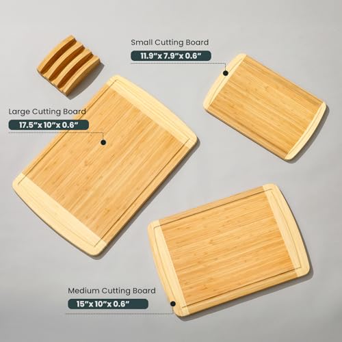 Hiware 3-Piece Extra Large Wooden Cutting Boards For Kitchen, Bamboo Cutting Board with Holder, Wood Cutting Board Set, Heavy Duty Chopping Board for Meat, Serving Tray Set- Two Tone