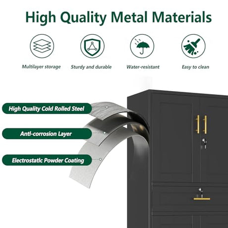 winiowa 71" Tall Metal Garage Storage Cabinet with Wheels and Locking Doors, Locking Rolling Tool Cabinet with Drawer and 3 Adjustable Shelves for Garage,Home,Office (Black) winiowa