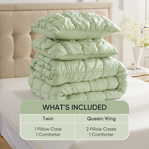 Amélie Home Sage Green Bubble Comforter Set King Size, 3 Pieces Ultra Soft Cozy Bedding Set for All Seasons, Farmhouse Luxury Gift for Women Home Decor Amélie Home