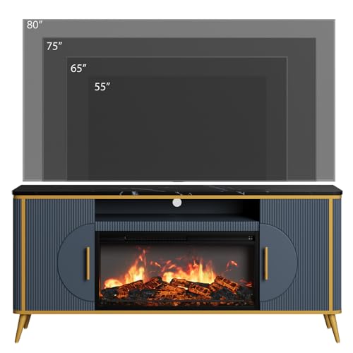 Fluted Fireplace TV Stand Up to 80" TVs, Modern Entertainment Center with 30" Electric Fireplace, Luxury Media Console with Adjustable Shelves for Living Room, Navy Blue RNLRNL
