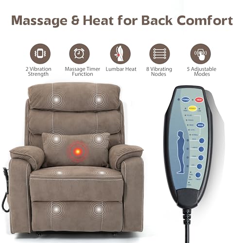 JIKFRIMA Power Lift Recliners Chairs for Elderly Adults Lay Flat Recliner with Heat & Massage, Wireless Charging Device, USB Ports, Cup Holder, Lumbar Pillow, 400Lbs（Velvet Fibric,Light Brown）