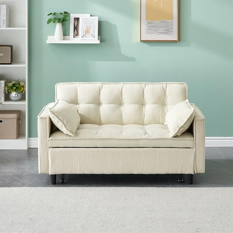 PBOGHLRD Modern Corduroy Loveseat Futon Sofa Couch with Pullout Bed, Small Lounge Sofa with Reclining Backrest, Folding Sleeper Sofa Bed for Living Room, Bedroom, Office, Apartment (Beige) PBOGHLRD