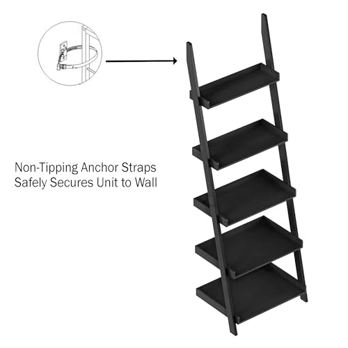 Lavish Home Bookshelf - 5-Tier Ladder Shelf with Leaning Look - Bookcase for Home Decor and Office Storage - Freestanding Book Shelves (Black) Lavish Home
