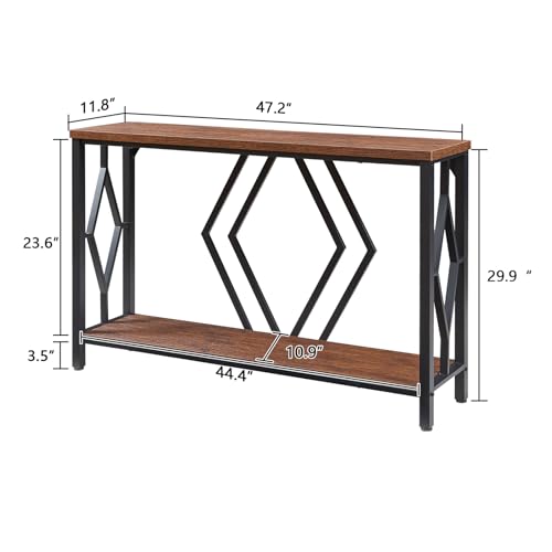 HOMBAZAAR Entryway Console Table,2 Tier Industrial Sofa Table with Metal Frame,Rustic Hallway Table with Storage for Living Room,Foyer,Brown,47inch HOMBAZAAR