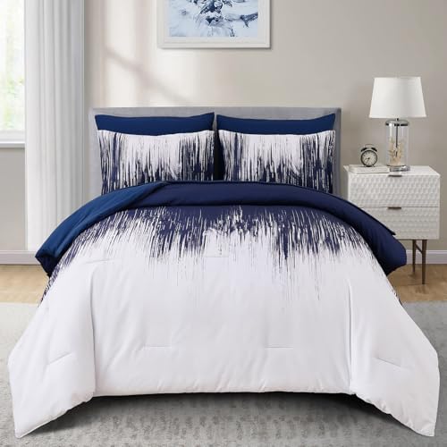 Dinjoy Ombre Blue Comforter Set King Size Gradient Navy Blue White Boho Bedding Set for Teen Men Women 7 Pieces Bed in A Bag Bohemian Bed Set with Comforter, Sheets, Pillowcases & Shams Dinjoy