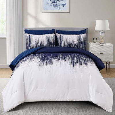 Dinjoy Ombre Blue Comforter Set King Size Gradient Navy Blue White Boho Bedding Set for Teen Men Women 7 Pieces Bed in A Bag Bohemian Bed Set with Comforter, Sheets, Pillowcases & Shams