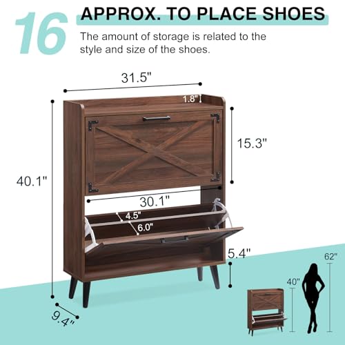 Barnyatoh Shoe Storage Cabinet,Farmhouse Shoe Organizer with 2 Flip Drawers & Barn Door Design,Freestanding Hidden Slim Narrow Shoe Rack Cabinet for Entryway,Foyer,Hallway,Walnut Barnyatoh